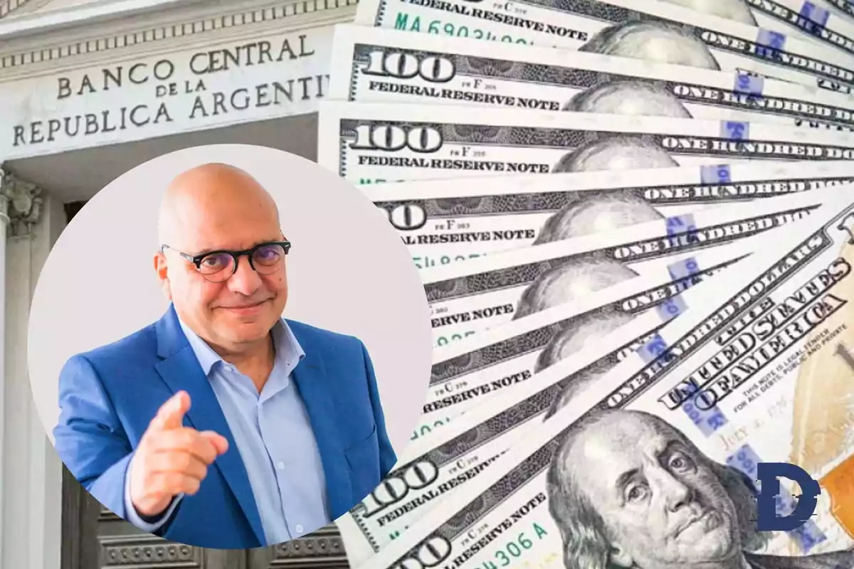 Un hombre con gafas y traje azul frente a un fondo de billetes de cien dólares y la entrada del Banco Central de la República Argentina.