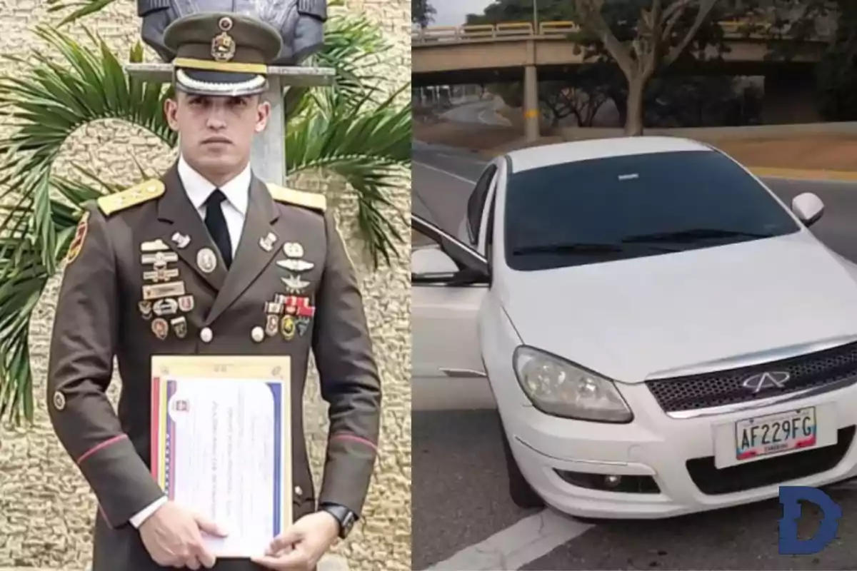 Un hombre vestido con uniforme militar sostiene un diploma junto a una imagen de un automóvil blanco estacionado en una carretera.