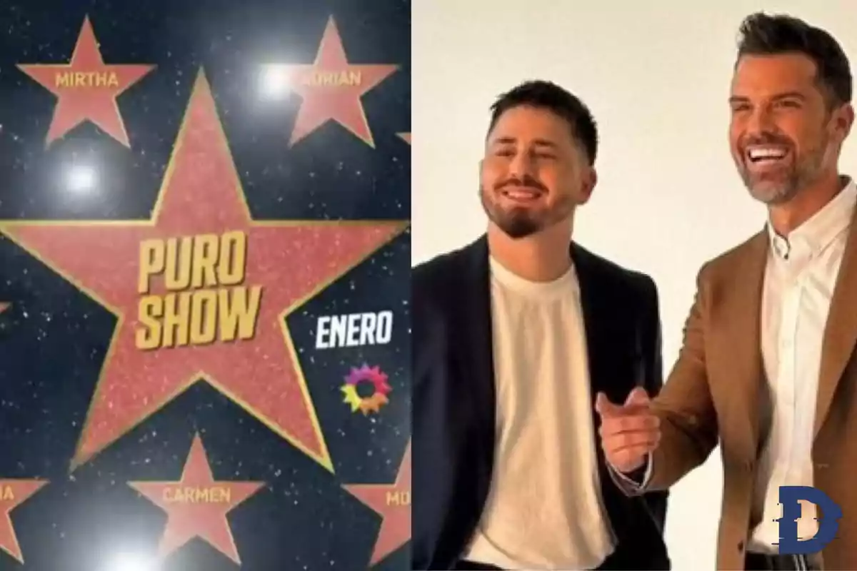 Cartel promocional de "Puro Show" con estrellas y dos personas sonriendo.