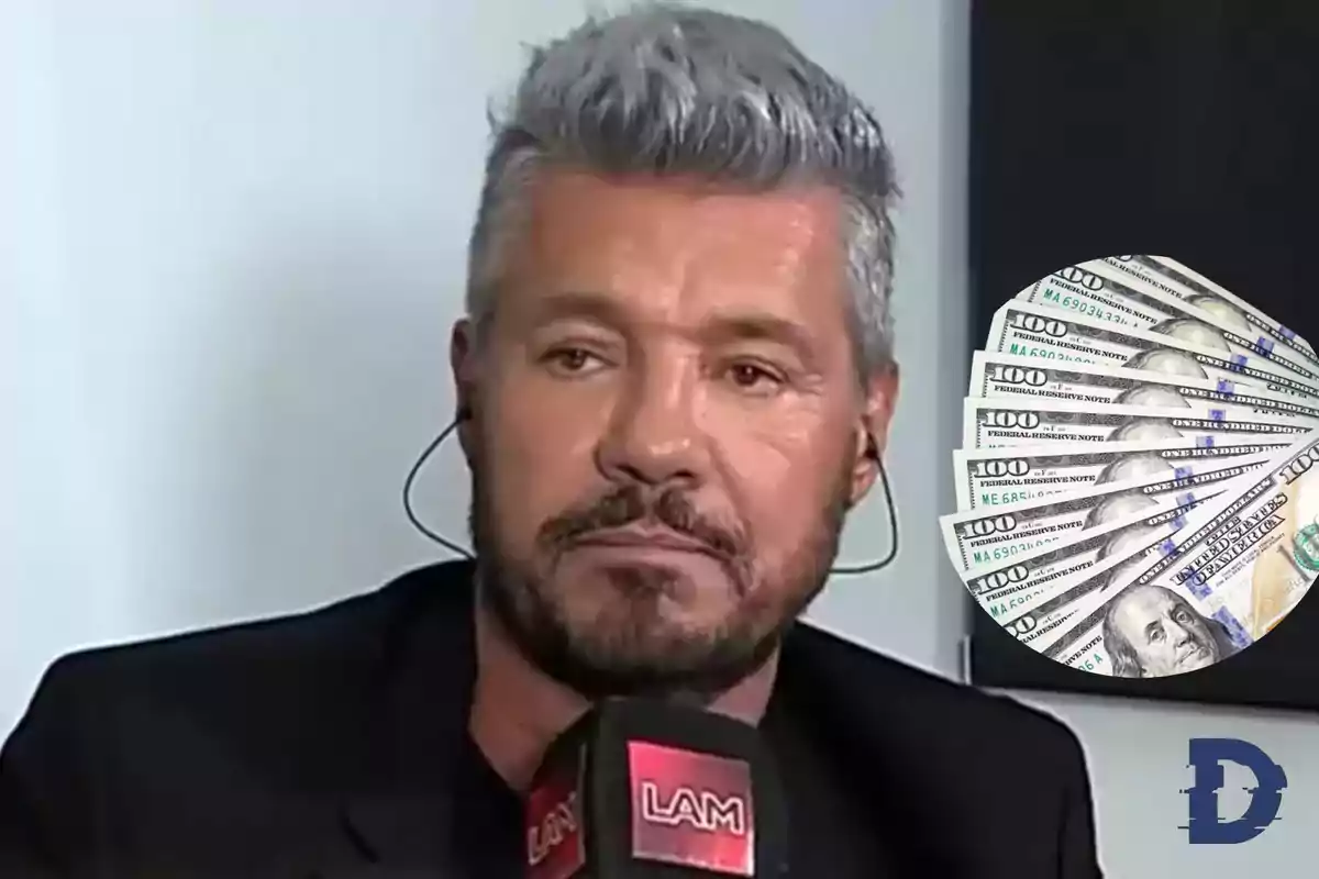 Hombre con cabello canoso y barba sosteniendo un micrófono con el logo "LAM" y un montaje de billetes de cien dólares en la esquina superior derecha.