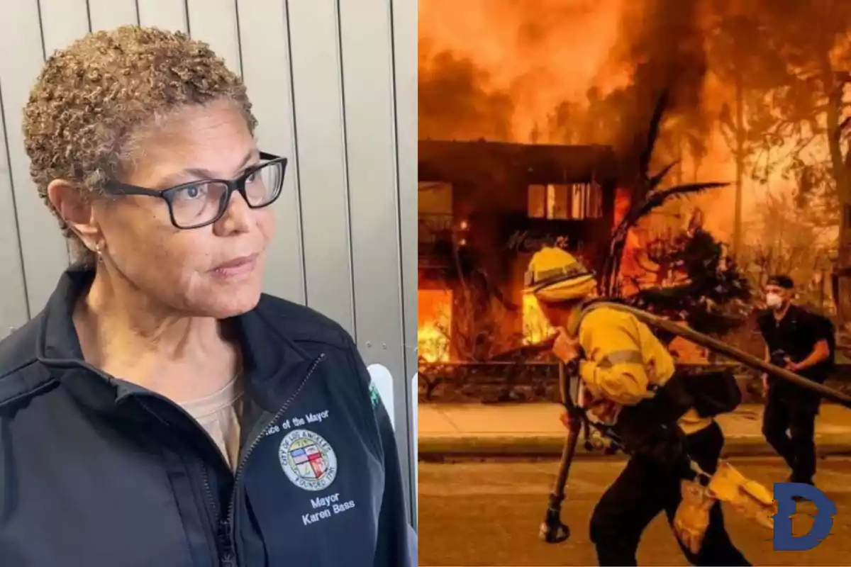 Una persona con gafas y chaqueta oscura está a la izquierda, mientras que a la derecha hay un bombero con equipo de protección corriendo frente a un incendio forestal.