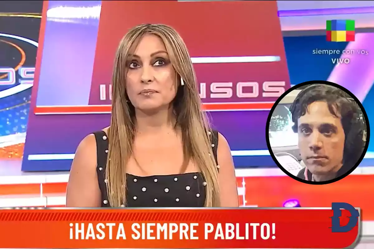 Una presentadora de televisión en un estudio con un recuadro que muestra a un hombre con auriculares y un texto en la parte inferior que dice "¡Hasta siempre Pablito!"