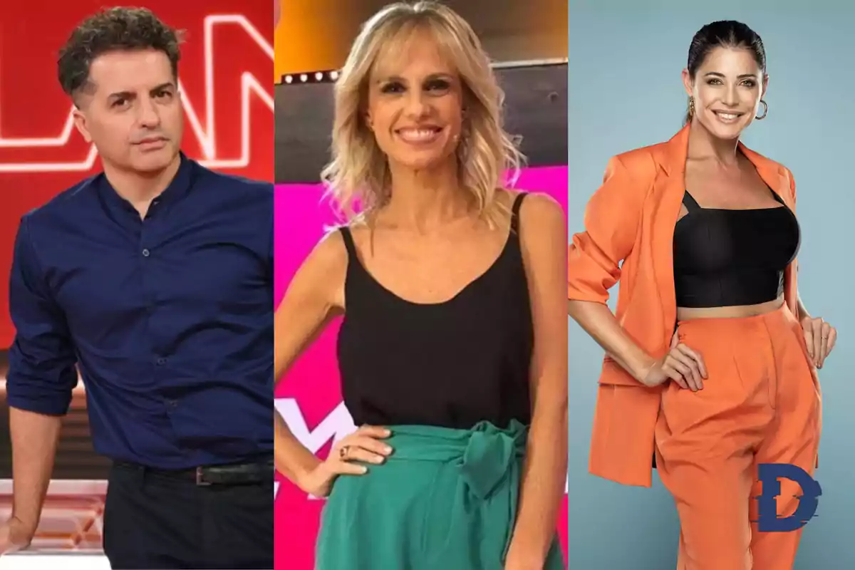 Tres personas posando frente a diferentes fondos de colores, una con camisa azul, otra con blusa negra y pantalón verde, y la tercera con un conjunto naranja.