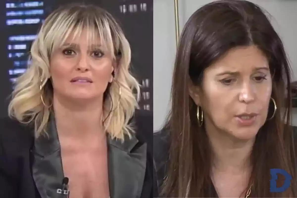 Dos mujeres con expresiones serias, una con cabello rubio y la otra con cabello castaño, ambas usando aretes grandes.