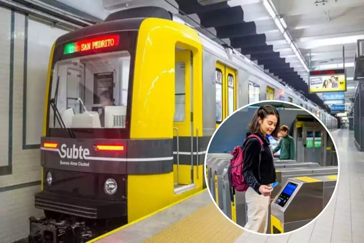 Un tren del subte de Buenos Aires en la estación con una persona usando una tarjeta en el torniquete.