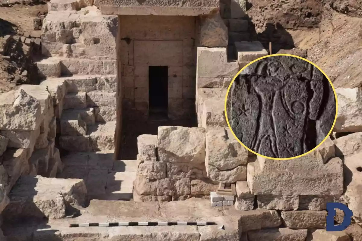 Entrada de una estructura antigua de piedra con un grabado detallado en un círculo amarillo.