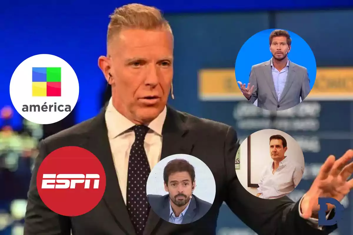 Un presentador de televisión en un estudio con logotipos de América y ESPN y tres personas en círculos alrededor.