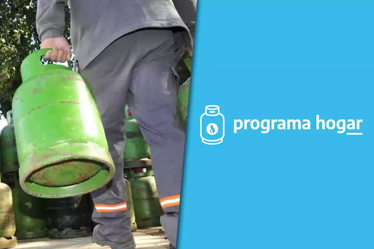 Person carrying a green gas cylinder next to the Home Program logo on a blue background.