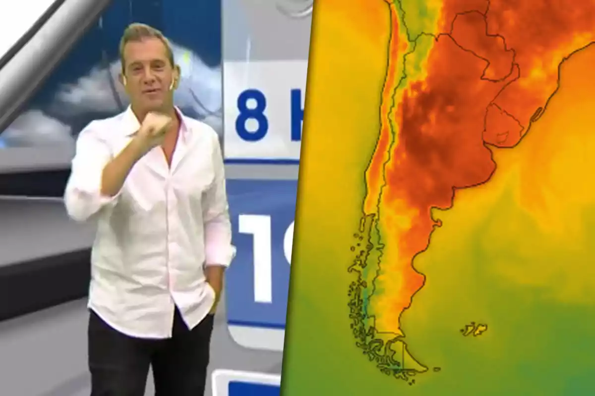 Matías Bertolotti is standing in front of a weather chart showing a heat map of South America.