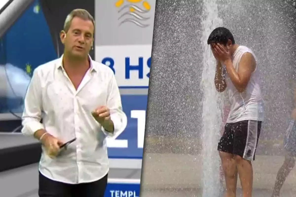 Matías Bertolotti is giving the weather forecast while a man cools off under a water fountain.