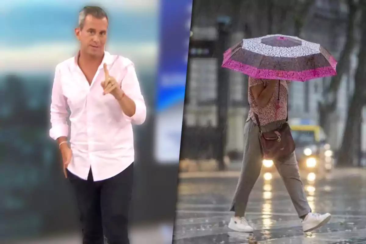 Matías Bertolotti con camisa blanca gesticula con el dedo índice levantado mientras una persona camina bajo la lluvia con un paraguas colorido.