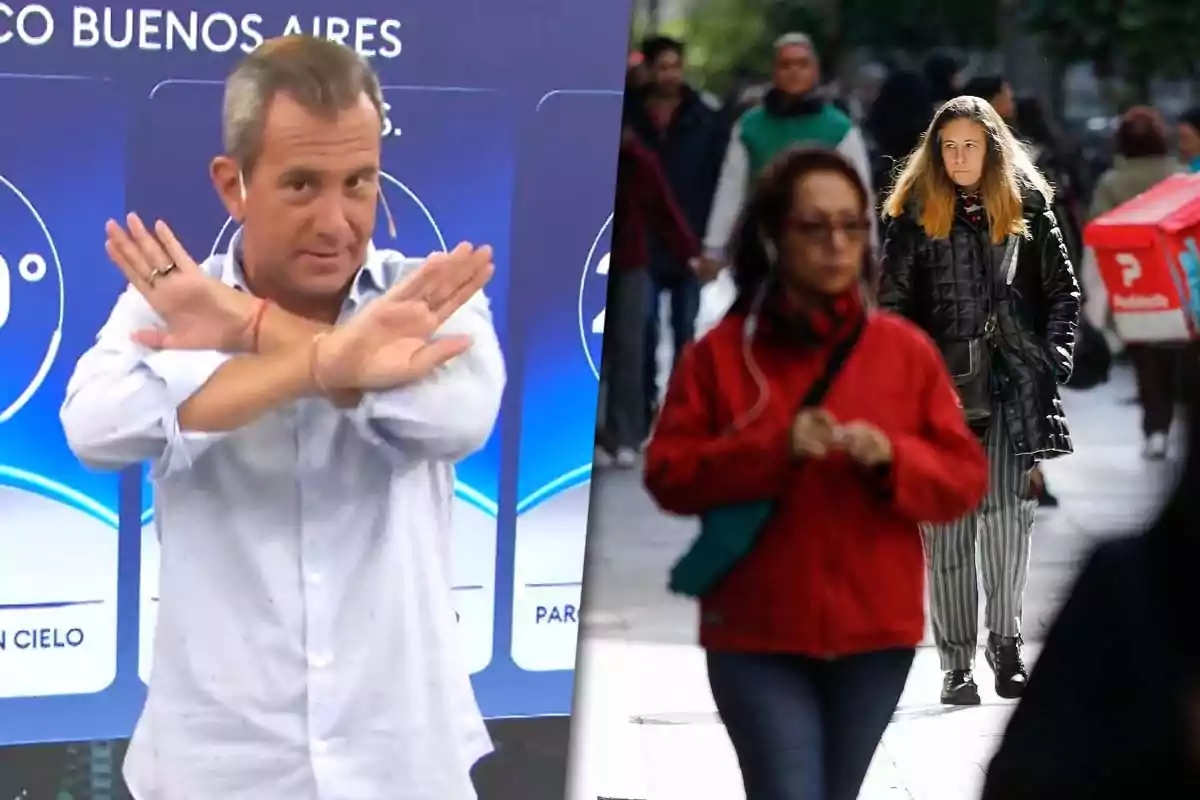 A man in a television studio makes a gesture with crossed arms while on the other half of the image people are seen walking down a busy street.