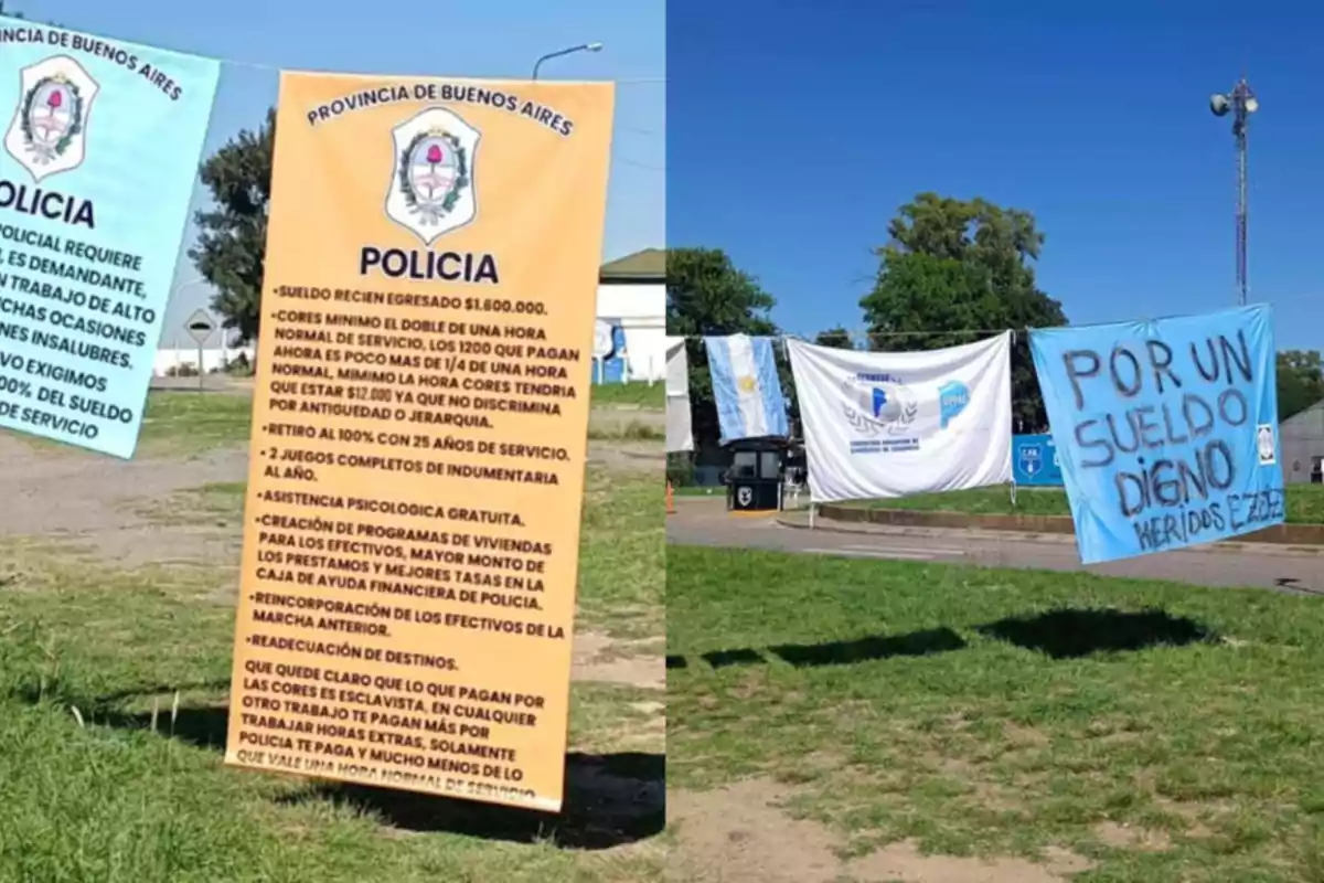 Carteles colgados en un espacio al aire libre con mensajes de protesta de la policía de la Provincia de Buenos Aires, exigiendo mejoras salariales y condiciones laborales dignas.