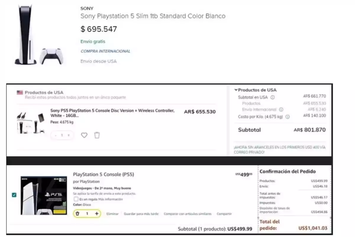 Captura de pantalla de una compra en línea de una consola Sony PlayStation 5 Slim de 1TB en color blanco, mostrando precios en diferentes monedas y detalles de envío internacional. En Mercado Libre, TiendaMia y Amazon