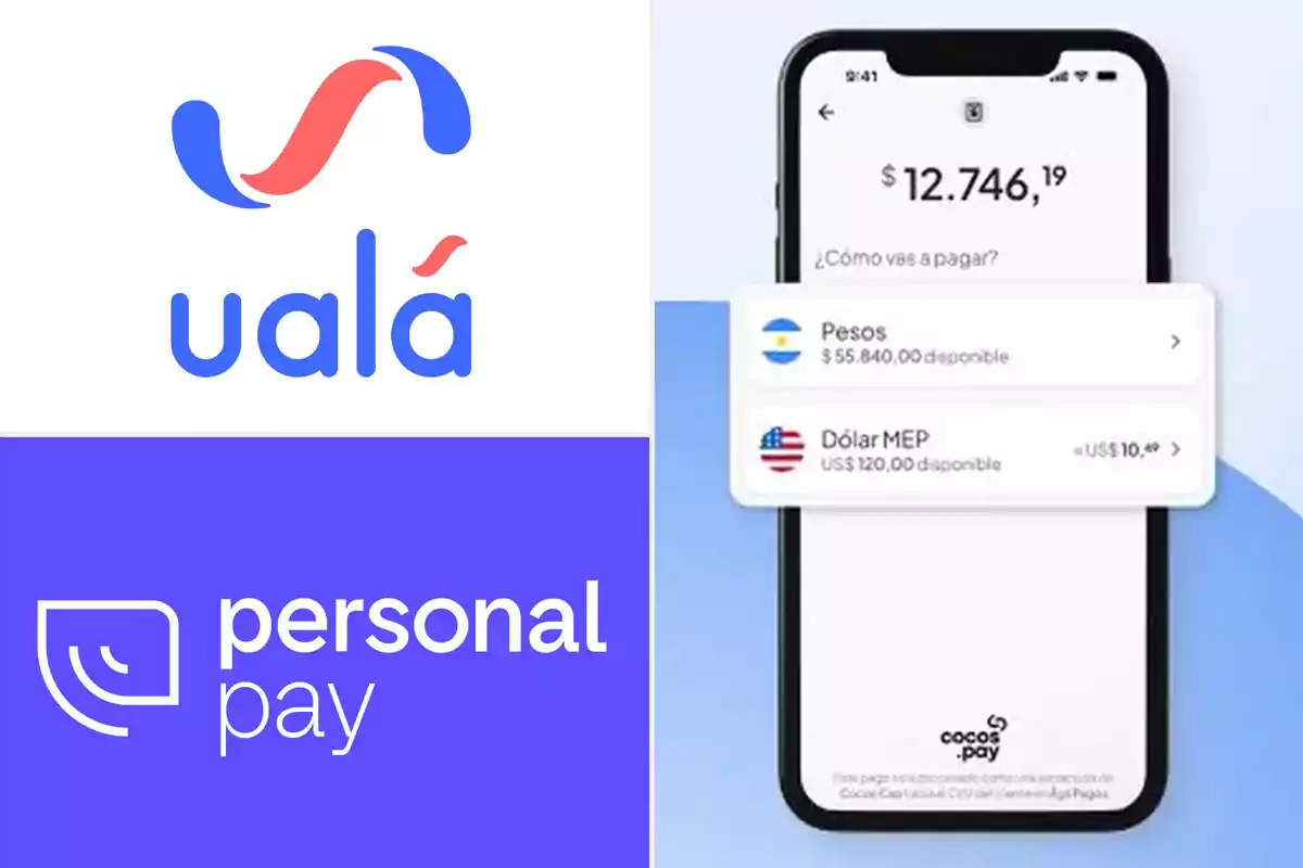 Logos de Ualá y Personal Pay junto a una pantalla de smartphone mostrando opciones de pago en pesos y dólares MEP.