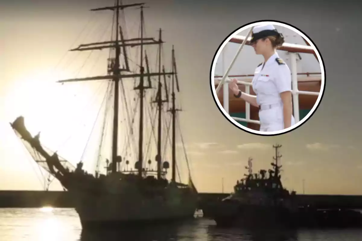 Un barco de vela en el puerto al atardecer con una persona en uniforme naval en un recuadro.