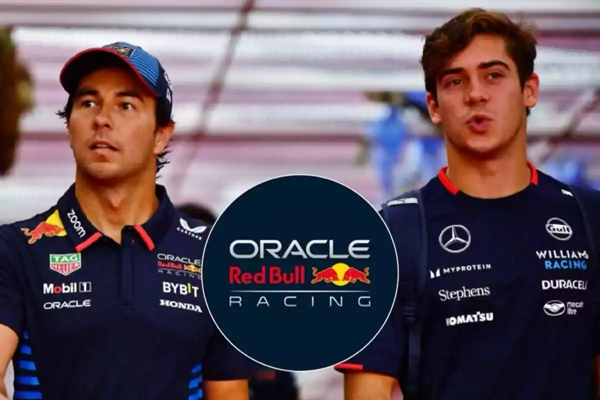 Dos personas con uniformes de equipos de carreras junto al logotipo de Oracle Red Bull Racing.