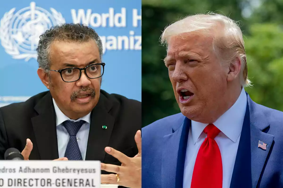 Dos hombres en una imagen dividida, uno hablando en un evento con un fondo de la Organización Mundial de la Salud y el otro hablando al aire libre con un traje azul y corbata roja.