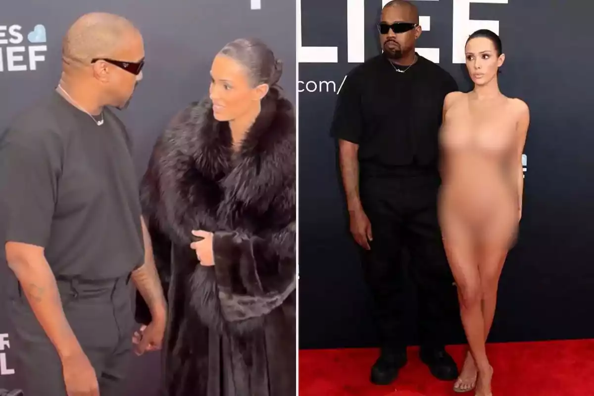 Un collage de fotos de Kanye West y Bianca Censori en los Grammy 2025. En la primer foto están hablando y en la segunda se los ve juntos, mientras que el vestido de Bianca Censori está difuminado.