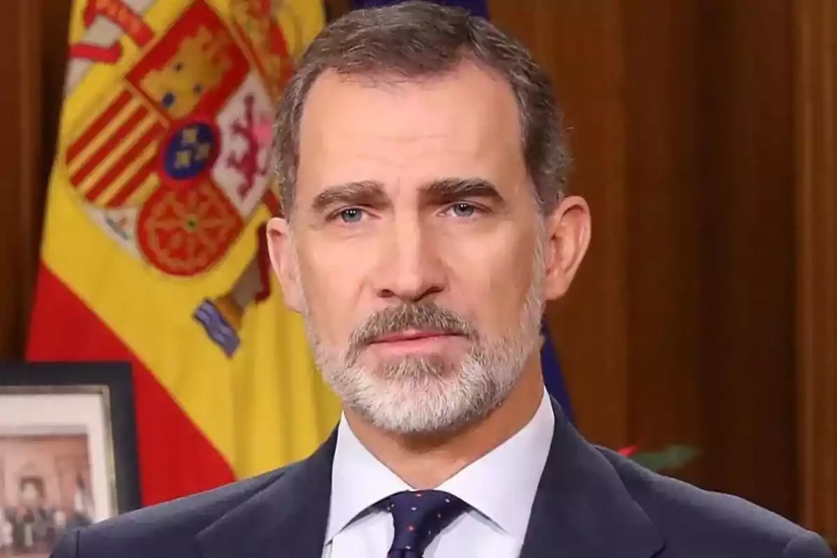 El rey Felipe VI de España frente una bandera de España.