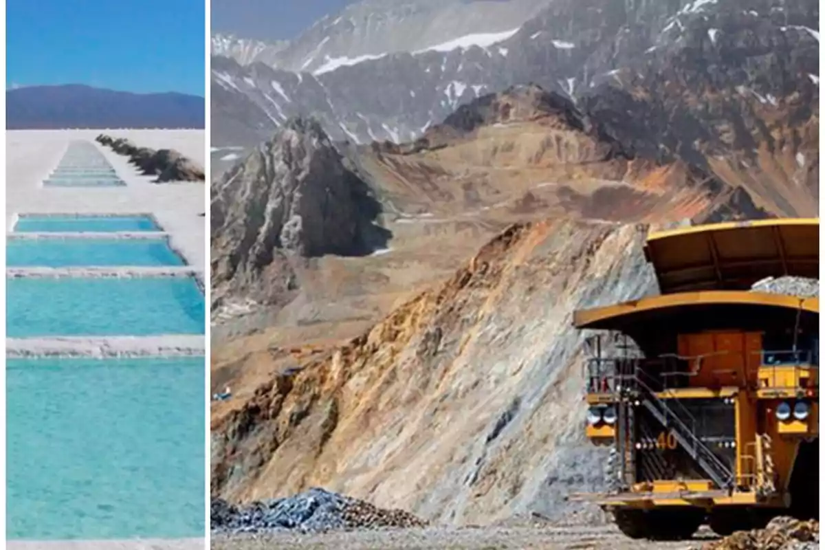 Imagen que muestra una mina a cielo abierto con un camión de carga en un paisaje montañoso y piscinas de evaporación en un salar.