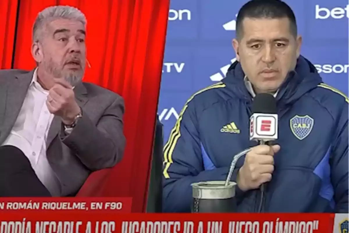 Un hombre con barba y traje gris gesticula mientras otro hombre con chaqueta deportiva azul y el escudo de un club de fútbol sostiene un micrófono de ESPN.