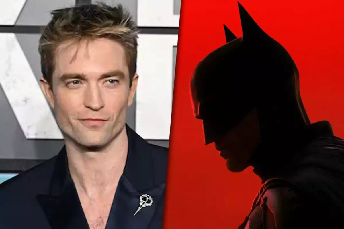 Un hombre con cabello rubio y una chaqueta oscura a la izquierda (Robert Pattinson) y una silueta de un personaje con máscara de murciélago sobre un fondo rojo a la derecha (The Batman).