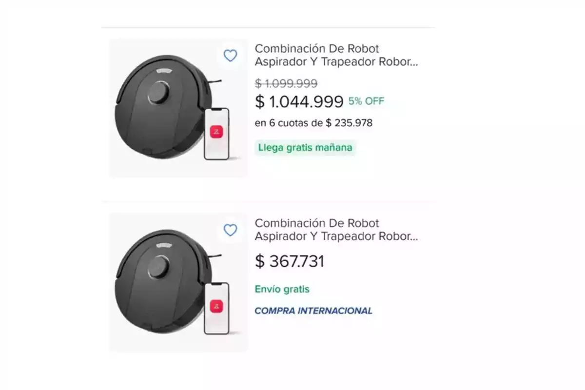 Dos ofertas en Mercado Libre de robots aspiradores y trapeadores con precios y descuentos visibles, de venta nacional (más caro) y otro con envío internacional (más barato).