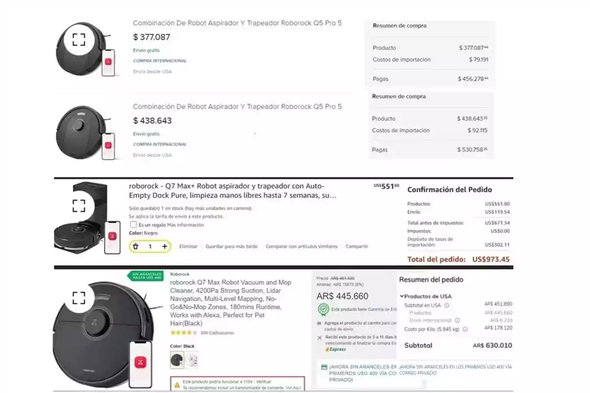 Captura de pantalla que muestra varias ofertas de robots aspiradores Roborock, incluyendo precios y detalles de compra, como costos de importación y totales de pedido. En Mercado Libre, Amazon y TiendaMia.