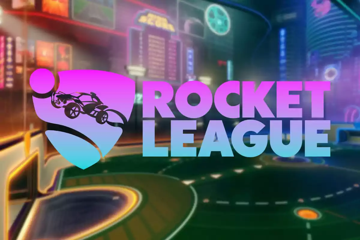 Logo de Rocket League con fondo de estadio futurista y luces de neón.