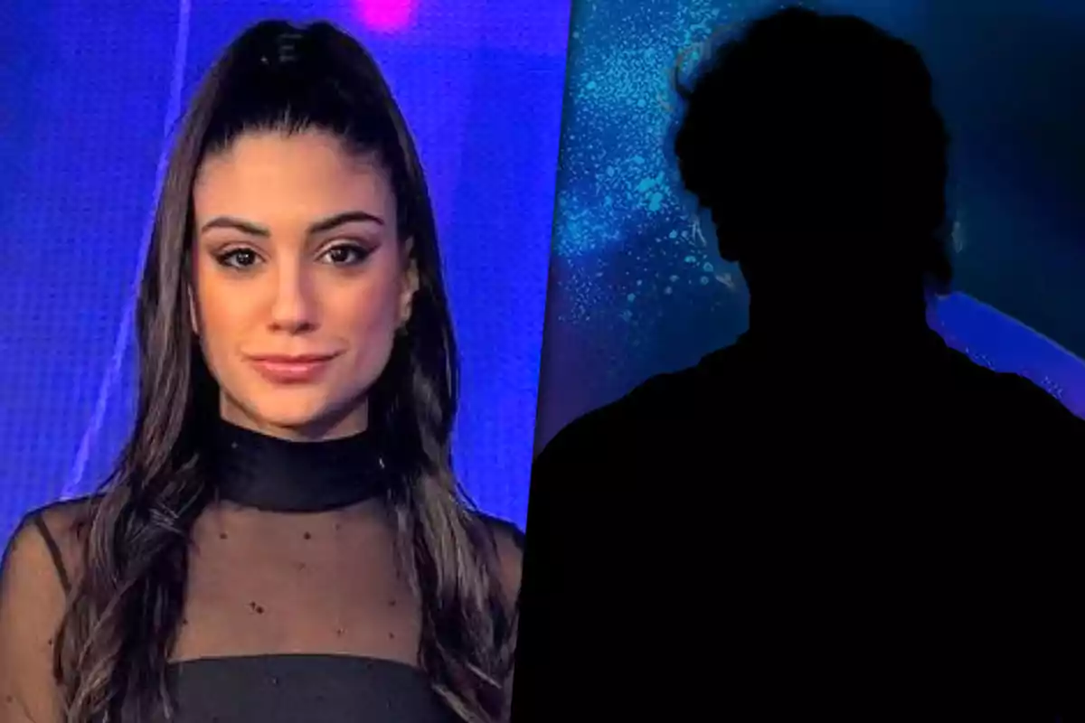 A woman with long dark hair on the left (Rosina Beltrán) and a dark silhouette on the right against a blue background (Renato Rossini from Big Brother).