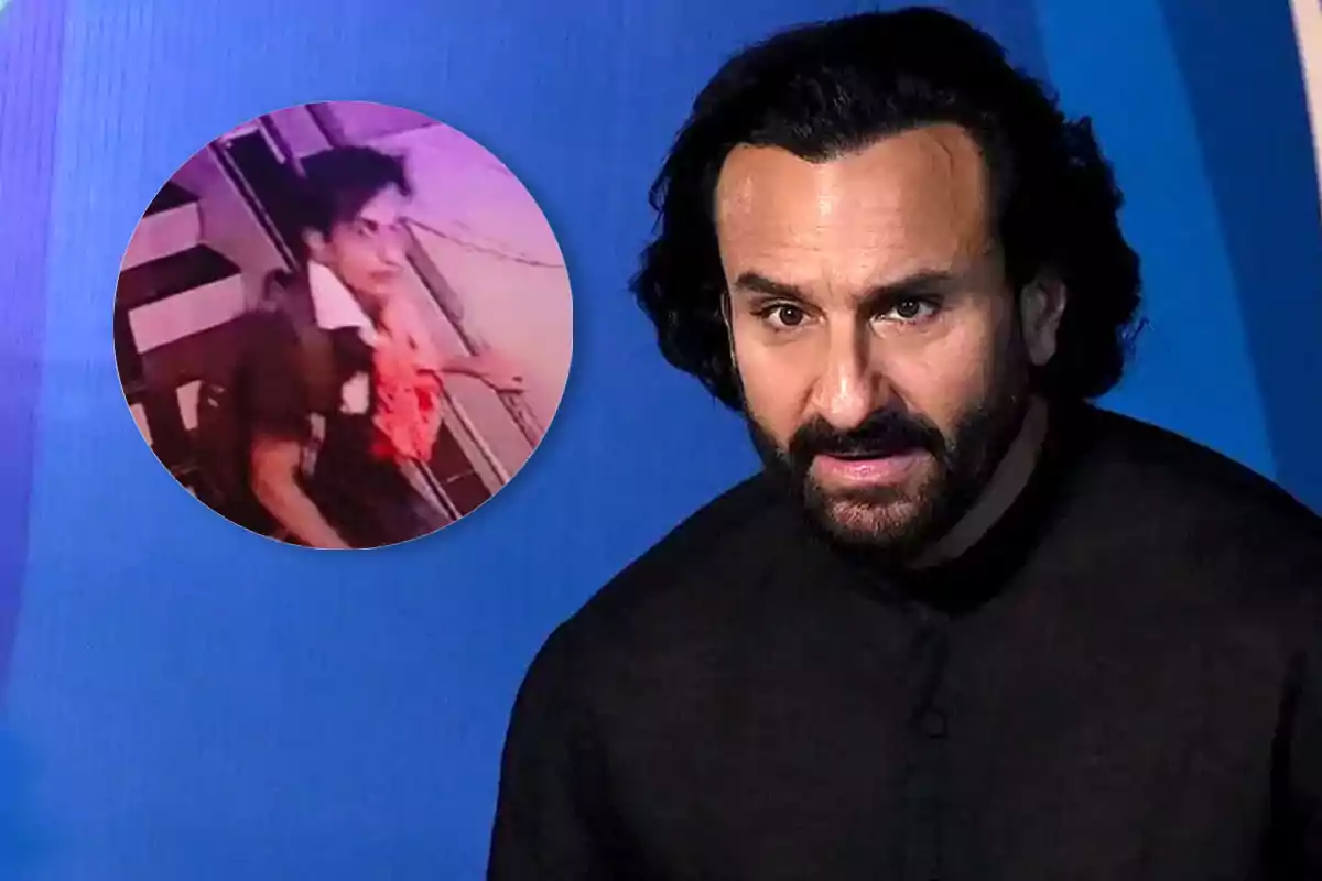 Saif Ali Khan y un recuadro de el atacante que lo apuñaló seis veces.