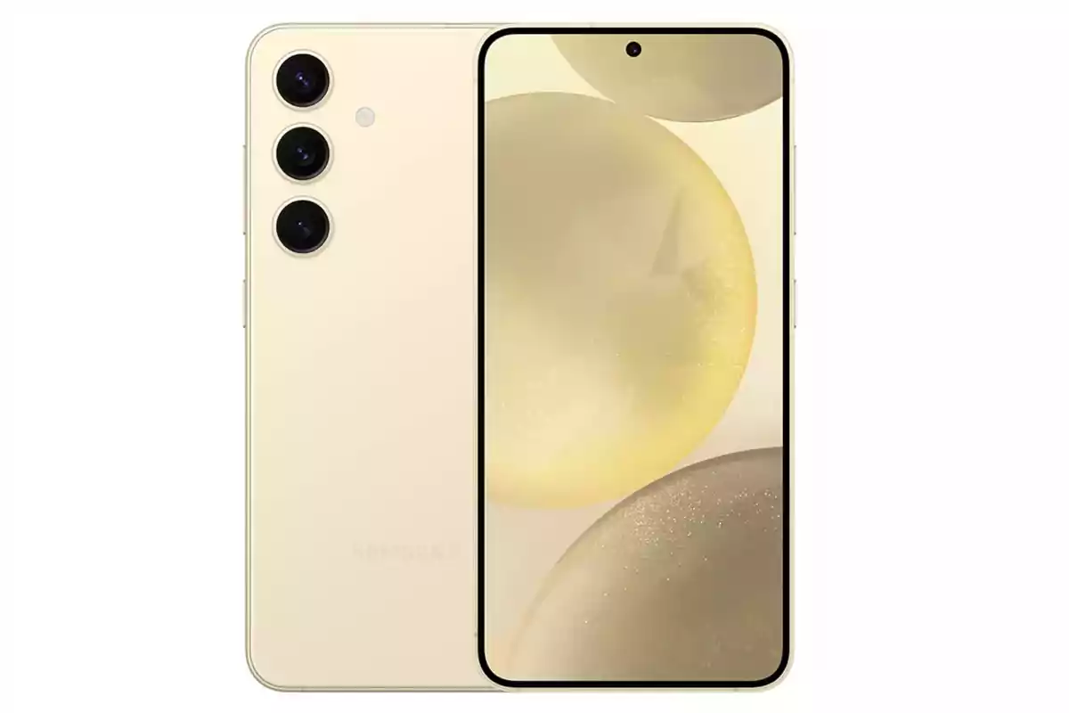 Teléfono inteligente Samsung S24 de color dorado con tres cámaras traseras y pantalla frontal, vendida en Mercado Libre compra internacional.