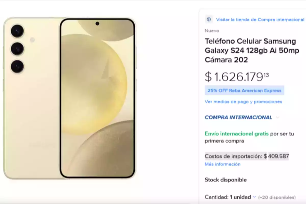 Imagen de un teléfono Samsung Galaxy S24 en color dorado junto a una lista de precios y detalles de compra en compra internacional en la plataforma de Mercado Libre.