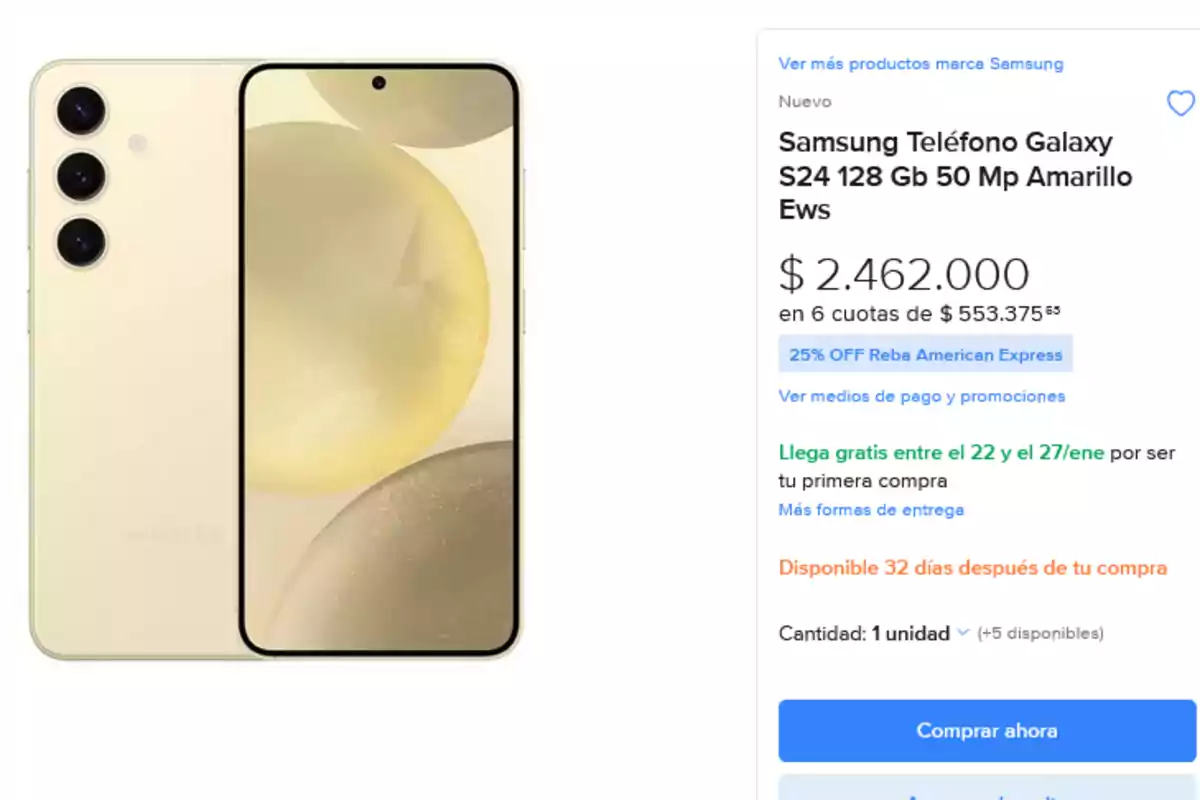 Imagen de un teléfono Samsung Galaxy S24 en color amarillo con detalles de compra en línea que incluyen el precio de[IMAGE].462.000 de compra nacional en la plataforma de Mercado Libre.