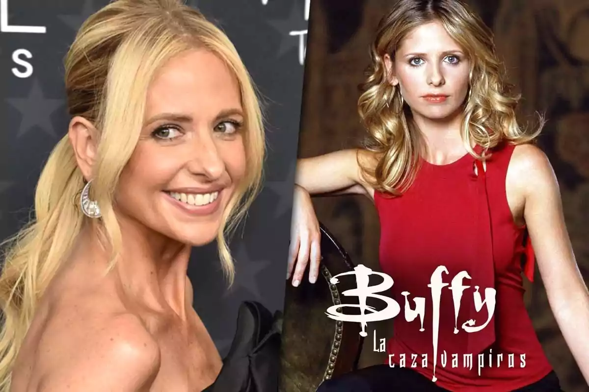 Sarah Michelle Gellar con cabello rubio y un póster de una serie de televisión de Buffy la Caza Vampiros.