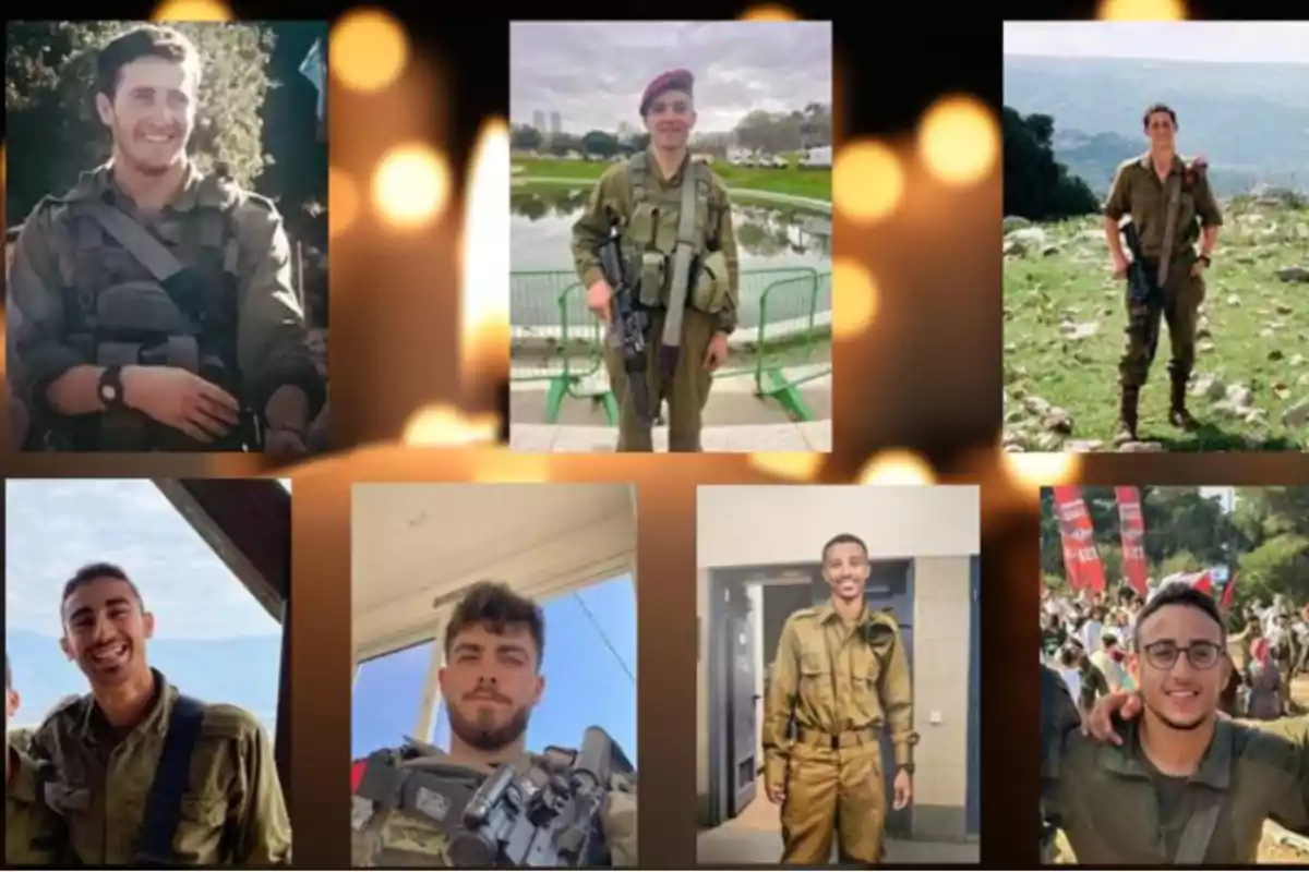 Un grupo de siete soldados en uniforme militar posando en diferentes entornos, con un fondo de luces difuminadas.