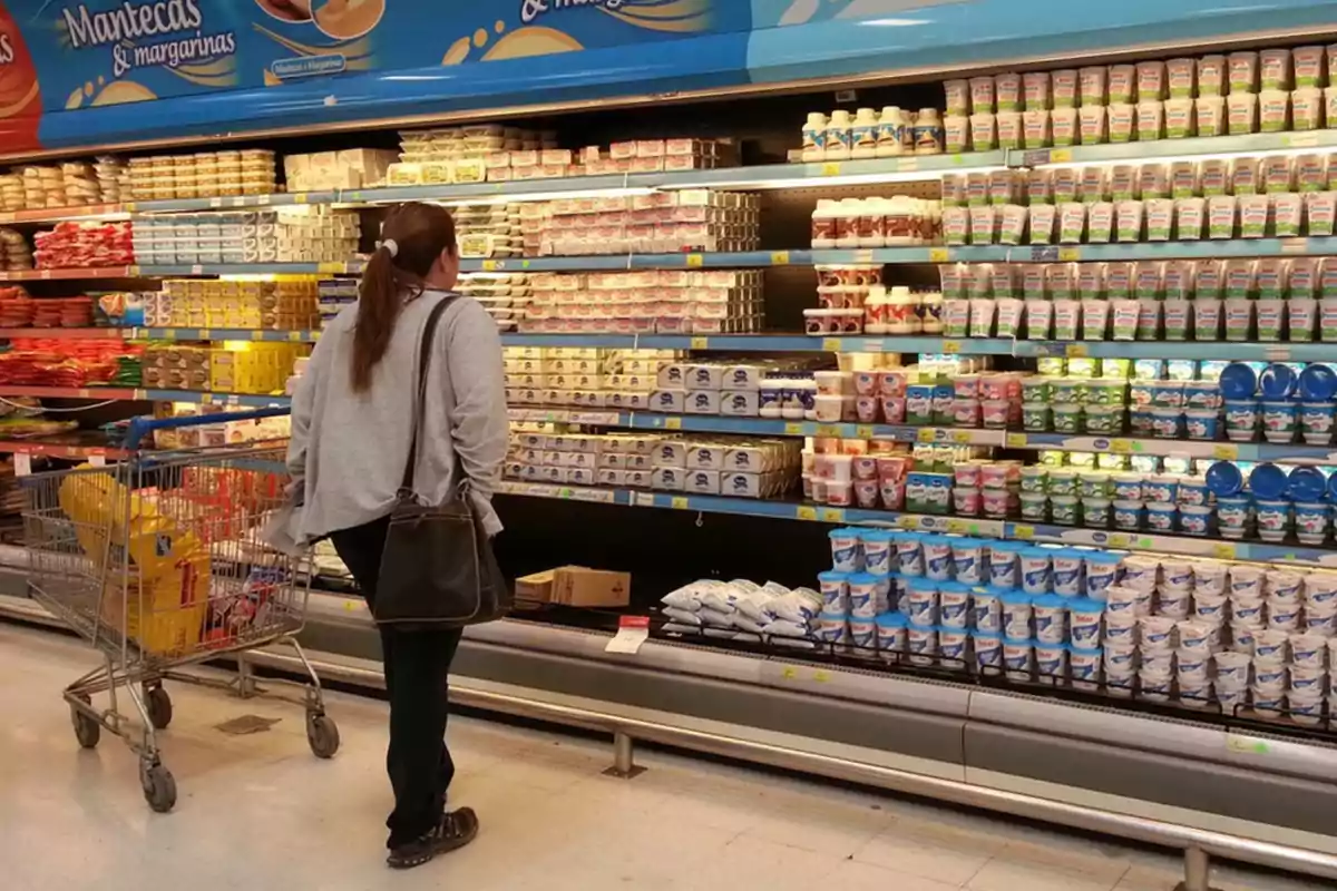 Una persona observa productos en la sección de lácteos y margarinas de un supermercado mientras empuja un carrito de compras.