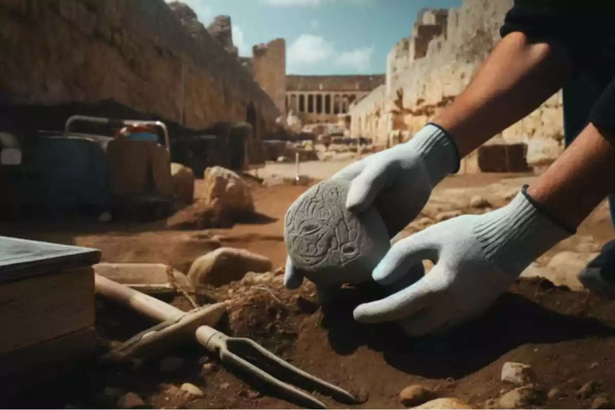 Un arqueólogo con guantes sostiene un artefacto antiguo en un sitio de excavación rodeado de ruinas.