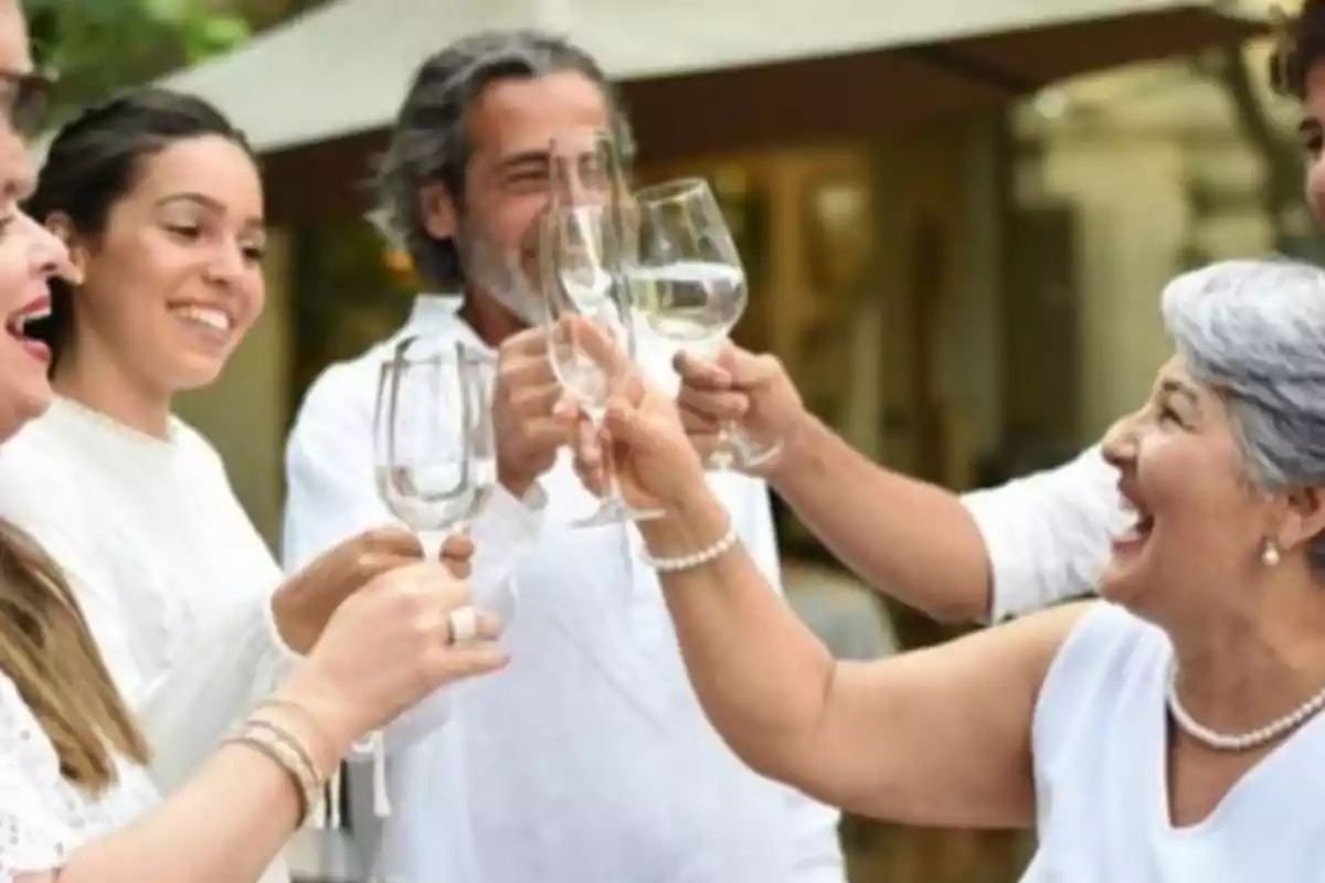 Un grupo de personas sonríe mientras brinda con copas de vino en una celebración al aire libre.