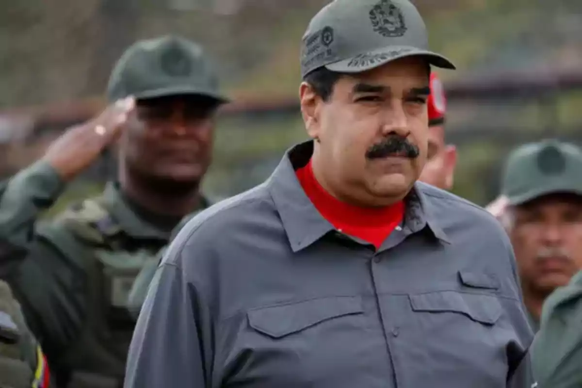 Un hombre con uniforme militar y gorra está rodeado de otros militares en un entorno al aire libre.