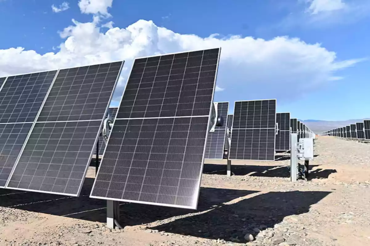 Paneles solares en un campo bajo un cielo azul con nubes.