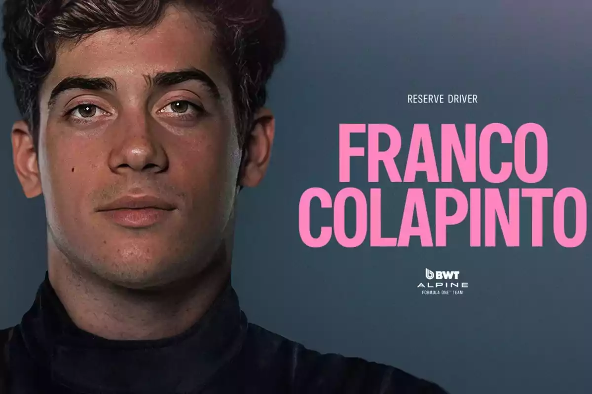 Un hombre con cabello oscuro y expresión seria, junto a texto que dice "Franco Colapinto" y "Reserve Driver" sobre un fondo gris.