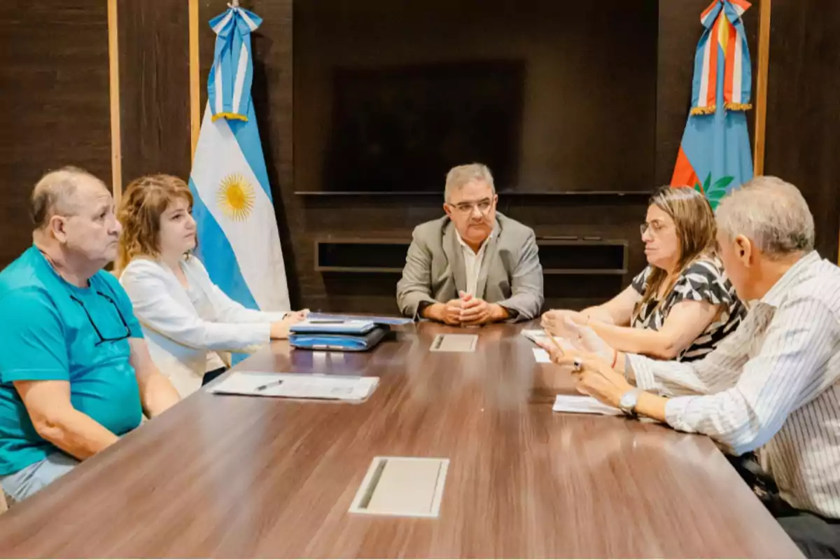 Un grupo de personas sentadas alrededor de una mesa en una sala de reuniones con banderas argentinas en el fondo.