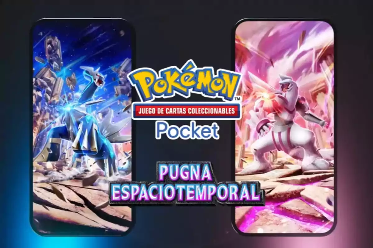 Imagen promocional de un juego de cartas coleccionables de Pokémon llamado "Pocket" con el tema "Pugna Espaciotemporal", mostrando dos dispositivos móviles con ilustraciones de criaturas en un entorno de batalla.