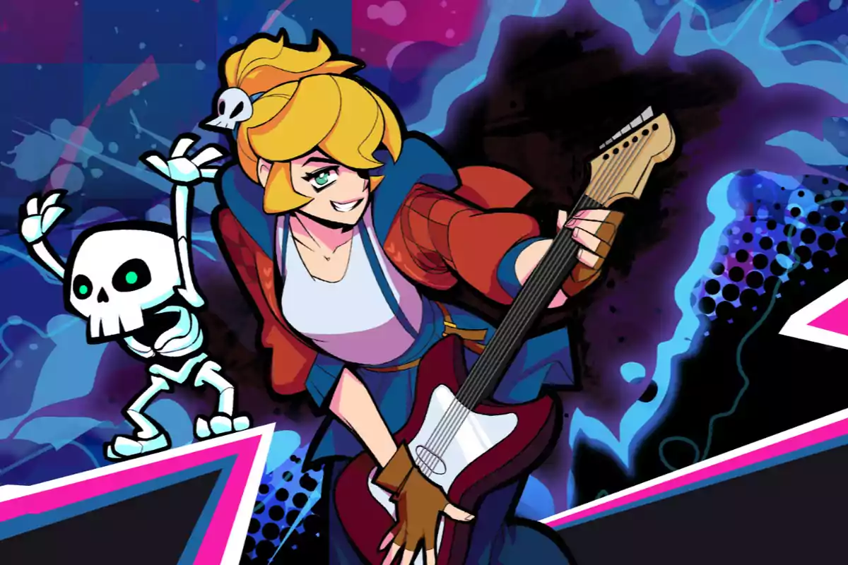 Una ilustración colorida muestra a una chica rubia con una guitarra eléctrica y un pequeño esqueleto bailando a su lado en un fondo vibrante y dinámico.