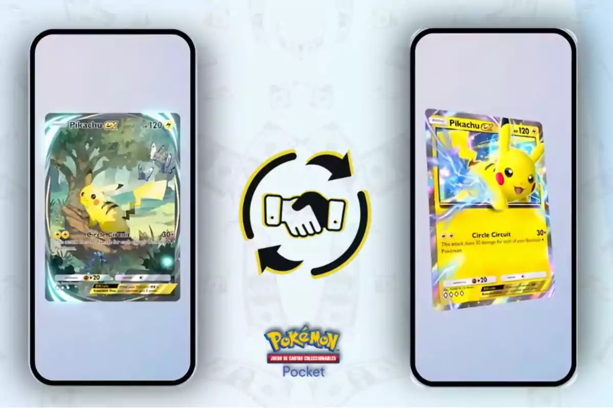 Dos teléfonos móviles muestran cartas de Pikachu EX de Pokémon con un símbolo de intercambio en el centro.