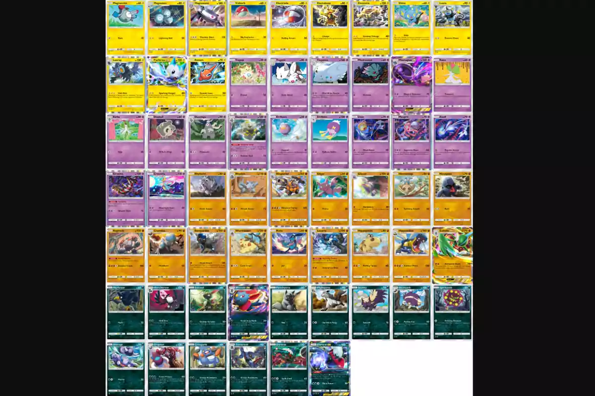 Una colección de cartas de Pokémon organizadas en una cuadrícula, mostrando diferentes tipos y diseños de cartas.