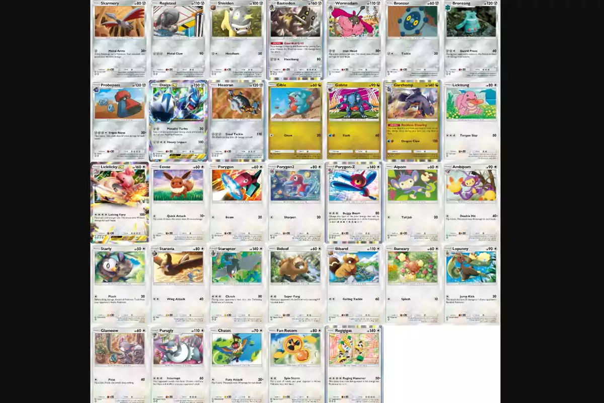 Una colección de cartas de Pokémon que incluye a Skarmory, Registeel, Shieldon, Bastiodon, Wormadam, Bronzor, Bronzong, Probopass, Dialga, Heatran, Gabite, Garchomp, Lickitung, Lickilicky, Eevee, Porygon, Porygon2, Porygon-Z, Aipom, Ambipom, Starly, Staravia, Staraptor, Bidoof, Bibarel, Buneary, Lopunny, Glameow, Purugly, Chatot, Fan Rotom y Regigigas.