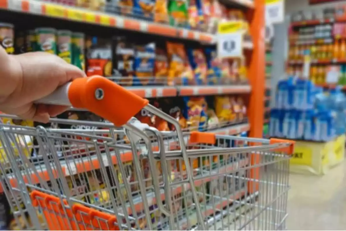 Una persona empuja un carrito de compras en un pasillo de supermercado lleno de productos en las estanterías.